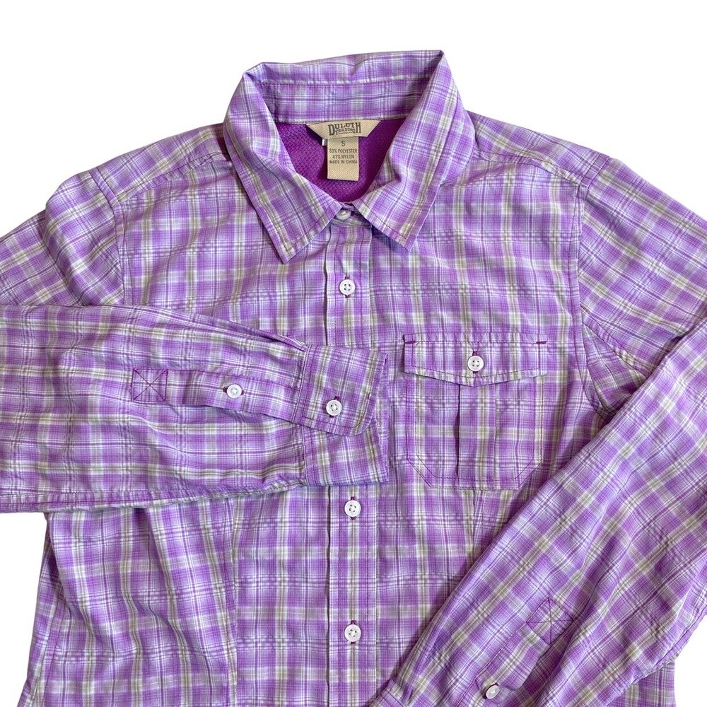 Duluth Trading Co Women Small Purple Plaid L/S Ventilated Hiking Button Up Shirt
